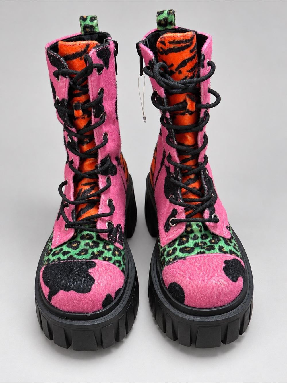 Current Mood Pink, Green & Orange Mixed-Animal Platform Combat Boots